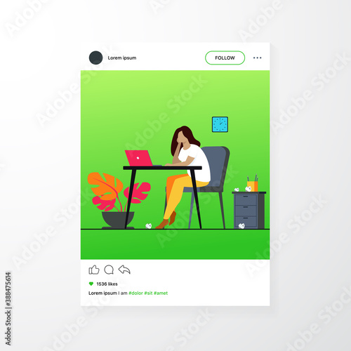 Cartoon exhausted woman sitting and table and working isolated flat vector illustration. Tired businesswoman with professional burnout syndrome. Tiredness and trouble concept