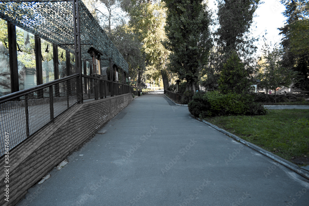 Walking path in the park along the building. Walking path in the park along the building.
