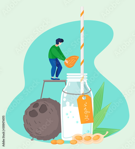 Plant-based vegan nutty milk. Healthy cow alternative to lactose milk, an environmentally friendly product lactose free. Milk replacement banner with milk in bottle, different nuts and a tiny person