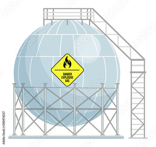 Spherical gas station, gas tank, storage tank with stairs and metal construction. Danger explosive gas sign. Compressed gas under pressure. Balloon filling with liquid, fuel. Industrial construction