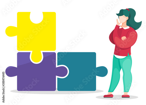 Illustration of young standing woman near big metaphoric puzzle, thinking gesture, make decision, ponder on solution, brainstorming, launch project, search for solution, business concept for web