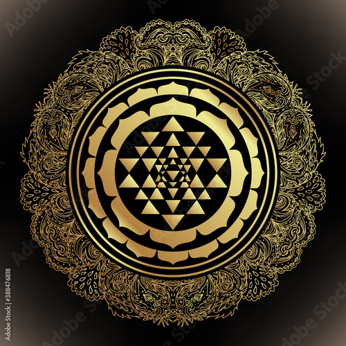 The Sri Yantra or Sri Chakra, form of mystical diagram, Shri Vidya school of Hindu tantra symbol. Sacred geometry vector design element. Vector illustration. Alchemy, occultism, spirituality.
