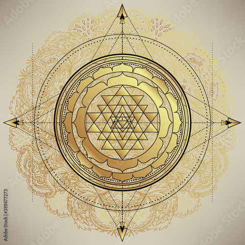 The Sri Yantra or Sri Chakra, form of mystical diagram, Shri Vidya school of Hindu tantra symbol. Sacred geometry vector design element. Vector illustration. Alchemy, occultism, spirituality.
