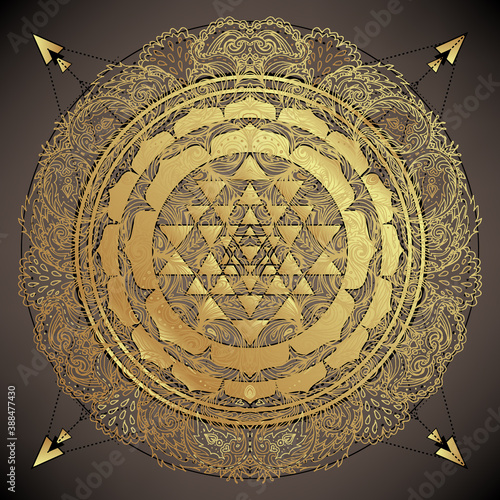 The Sri Yantra or Sri Chakra, form of mystical diagram, Shri Vidya school of Hindu tantra symbol. Sacred geometry vector design element. Vector illustration. Alchemy, occultism, spirituality.