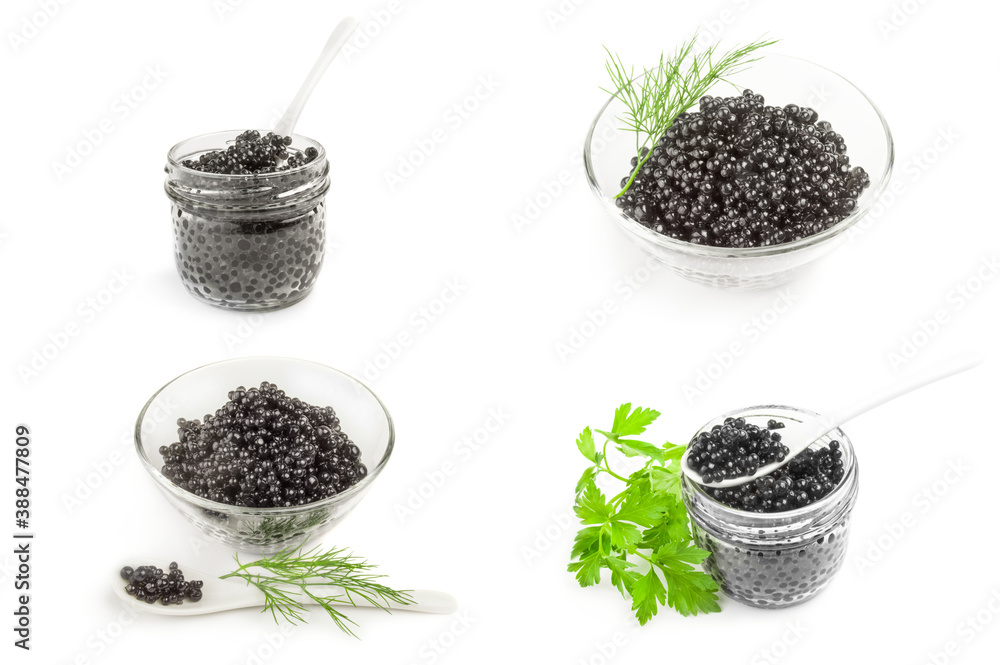 Collection of black caviar isolated on white Collection of black caviar isolated on white