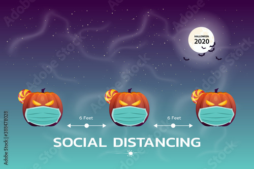 Halloween pumpkins Wearing a medical mask. Social distancing to protect against Covid-19.