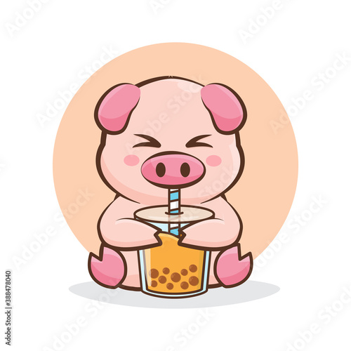 character pig drinking boba drink vector