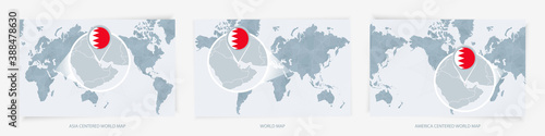 Three versions of the World Map with the enlarged map of Bahrain with flag.