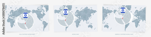 Three versions of the World Map with the enlarged map of Israel with flag.