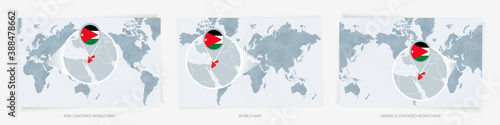Three versions of the World Map with the enlarged map of Jordan with flag.