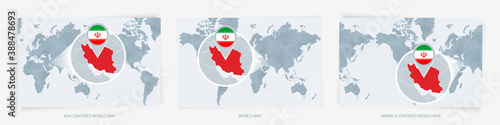 Three versions of the World Map with the enlarged map of Iran with flag.