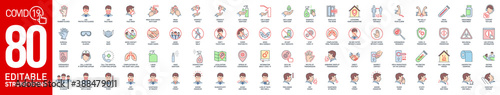 Prevention and symptoms Coronavirus Covid color line icons set isolated on white. Perfect outline medicine colorful symbol pandemic banner. colored design elements virus treatment with editable Stroke photo