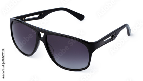 Stylish sunglasses isolated on white background, close up