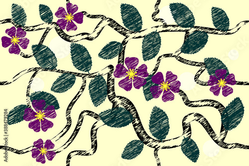 seamless pattern branches of a blossoming apple tree stylized as a pencil drawing