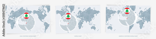 Three versions of the World Map with the enlarged map of Lebanon with flag.
