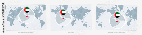 Three versions of the World Map with the enlarged map of United Arab Emirates with flag.