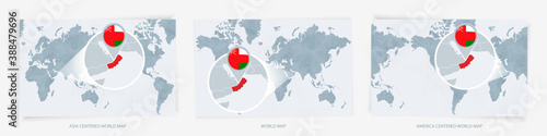 Three versions of the World Map with the enlarged map of Oman with flag.