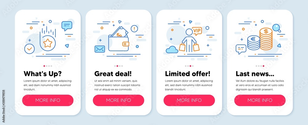 Set of Finance icons, such as Loyalty star, Wallet, Vip shopping symbols. Mobile screen banners. Currency line icons. Bonus reward, Usd cash, Exclusive privilege. Euro and usd. Vector