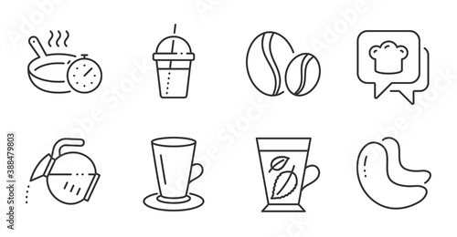 Cooking hat, Coffee pot and Coffee cocktail line icons set. Teacup, Cashew nut and Frying pan signs. Mint leaves symbol. Chef, Tea drink, Milkshake. Food and drink set. Quality line icons. Vector