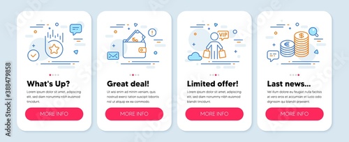 Set of Finance icons, such as Loyalty star, Wallet, Vip shopping symbols. Mobile screen banners. Currency line icons. Bonus reward, Usd cash, Exclusive privilege. Euro and usd. Vector