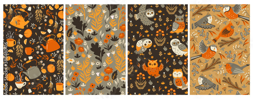 Set of seamless patterns in brown tones. Vector graphics.