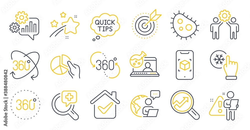 Set of Science icons, such as Analytics, Bacteria, 360 degree symbols. Quick tips, Freezing click, Online chemistry signs. Augmented reality, 360 degrees, Target purpose. Full rotation. Vector Set of Science icons, such as Analytics, Bacteria, 360 degree symbols. Quick tips, Freezing click, Online chemistry signs. Augmented reality, 360 degrees, Target purpose. Full rotation. Vector