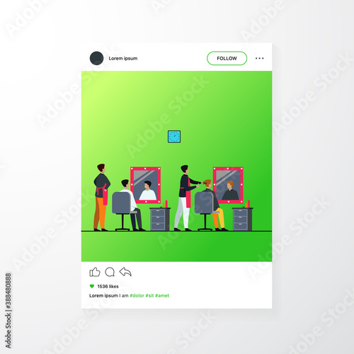 Men sitting in barbershop isolated flat vector illustration. Cartoon hairdressers doing haircut for male clients in chair. Hairdressing salon and beauty parlor concept
