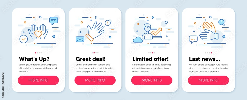 Set of People icons, such as Hand, Hold heart, Success business symbols. Mobile screen banners. Clapping hands line icons. Waving palm, Friendship, Growth chart. Clap. Hand icons. Vector Set of People icons, such as Hand, Hold heart, Success business symbols. Mobile screen banners. Clapping hands line icons. Waving palm, Friendship, Growth chart. Clap. Hand icons. Vector