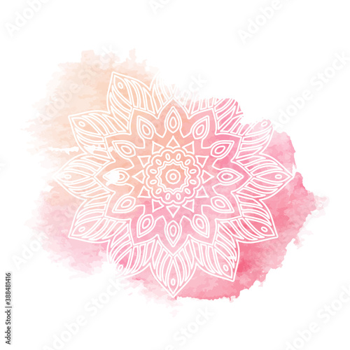 Round white mandala isolated on colorful background. Mandala on top of watercolor blotch. Beautiful pattern.