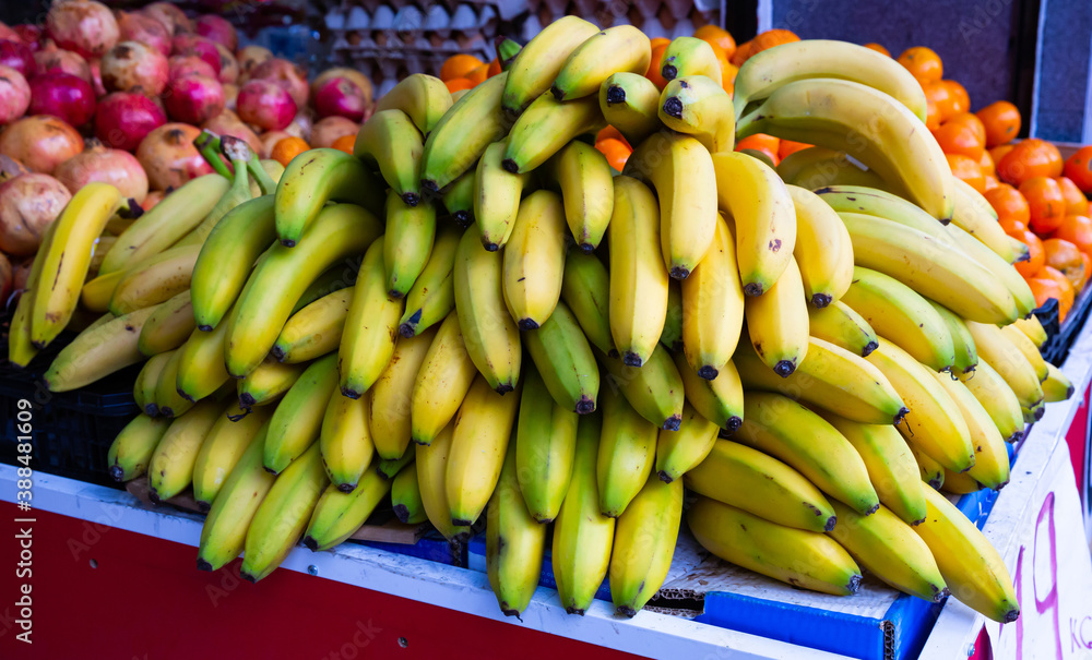 Closeup view on ripe bananas on the market. High quality photo