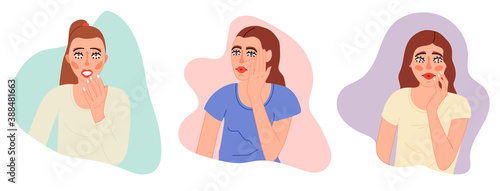 Isolated on white gingivitis, caries, pulpitis vector illustration. Female character suffers from tooth pain, gum problem design element. Dental symptom banner in cartoon style.
