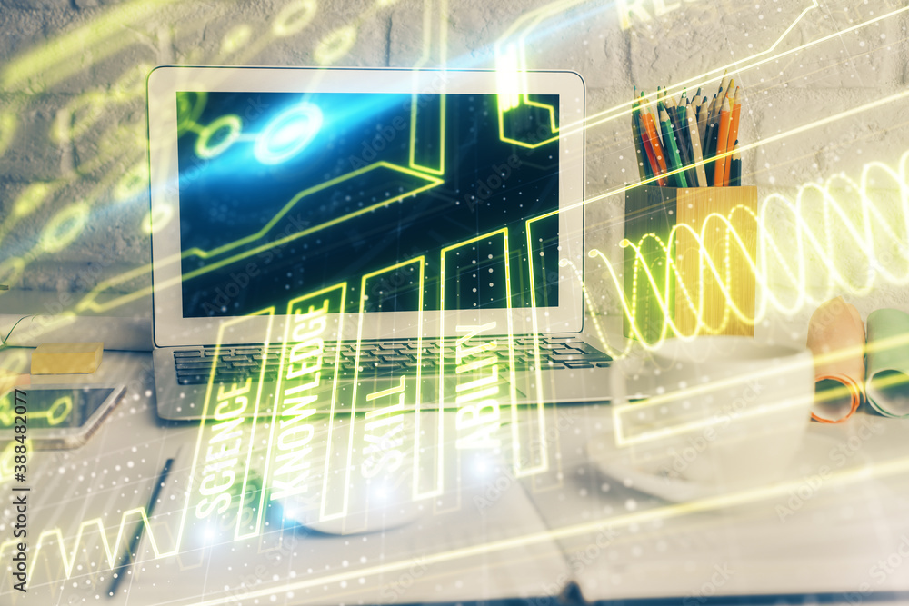 Desktop computer background and education theme drawing. Double exposure. Study concept. Desktop computer background and education theme drawing. Double exposure. Study concept.