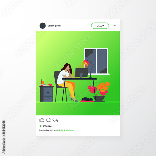 Woman working at night in home office isolated flat vector illustration. Cartoon female student learning via computer or designer late at work. Workplace and sleepless concept