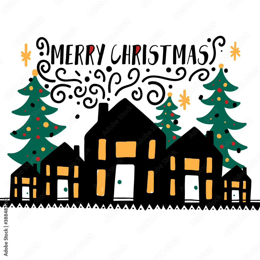 Merry Christmas decoration hand drawn.Doodle style greeting card with houses with smoke from chimneys