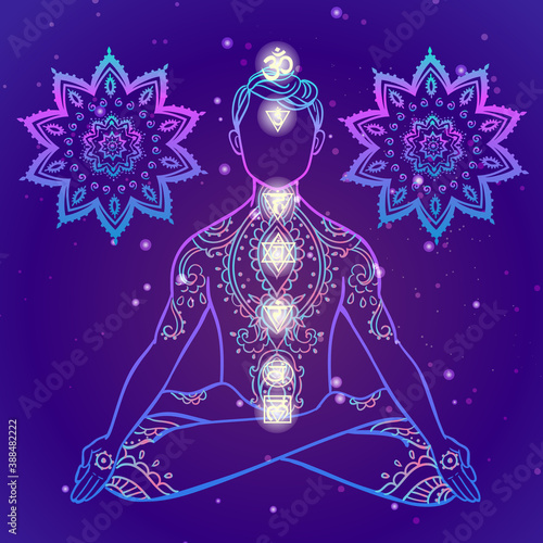 Yoga man. Ornament beautiful esoteric Concept of meditation. Geometric element hand drawn.