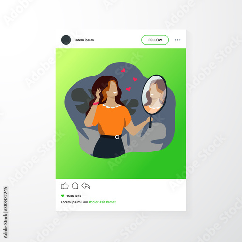 Happy woman looking at herself in mirror. Female character admiring her reflection. Can be used for ego, narcissism, self love concepts