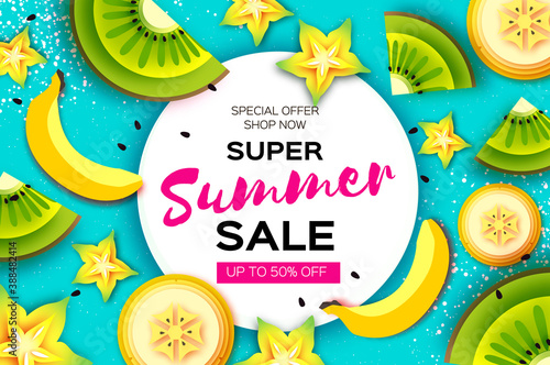 Slice of kiwi, carambola and banana. Super Summer Sale Banner in paper cut style. Origami juicy ripe green yellow slices. Healthy food on blue. Summertime.