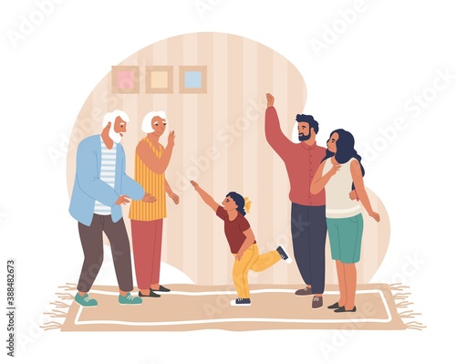 Father, mother and daughter visiting their parents, flat vector illustration. Senior couple greeting their children and granddaughter. Happy family relationship. Homecoming. Three age generations.