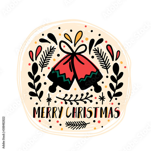 Merry Christmas decoration hand drawn.Doodle style greeting card with christmas bells photo