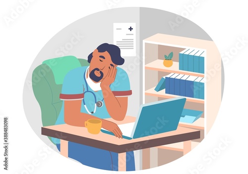 Tired doctor practitioner, intern sleeping in office while sitting at desk with computer on it, flat vector illustration. Exhausted healthcare professional, medical worker. Overworked doctor.