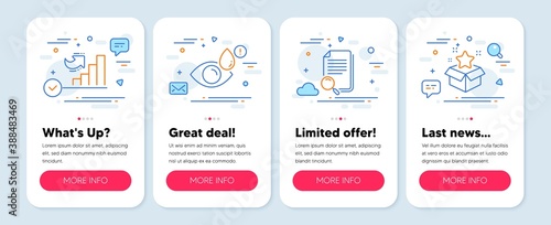 Set of Business icons, such as Eye drops, Growth chart, Search file symbols. Mobile app mockup banners. Loyalty program line icons. Check vision, Diagram graph, Find document. Bonus star. Vector