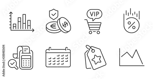 Bill accounting, Savings insurance and Line chart line icons set. Loan percent, Calendar and Loyalty tags signs. Diagram graph, Vip shopping symbols. Quality line icons. Bill accounting badge. Vector