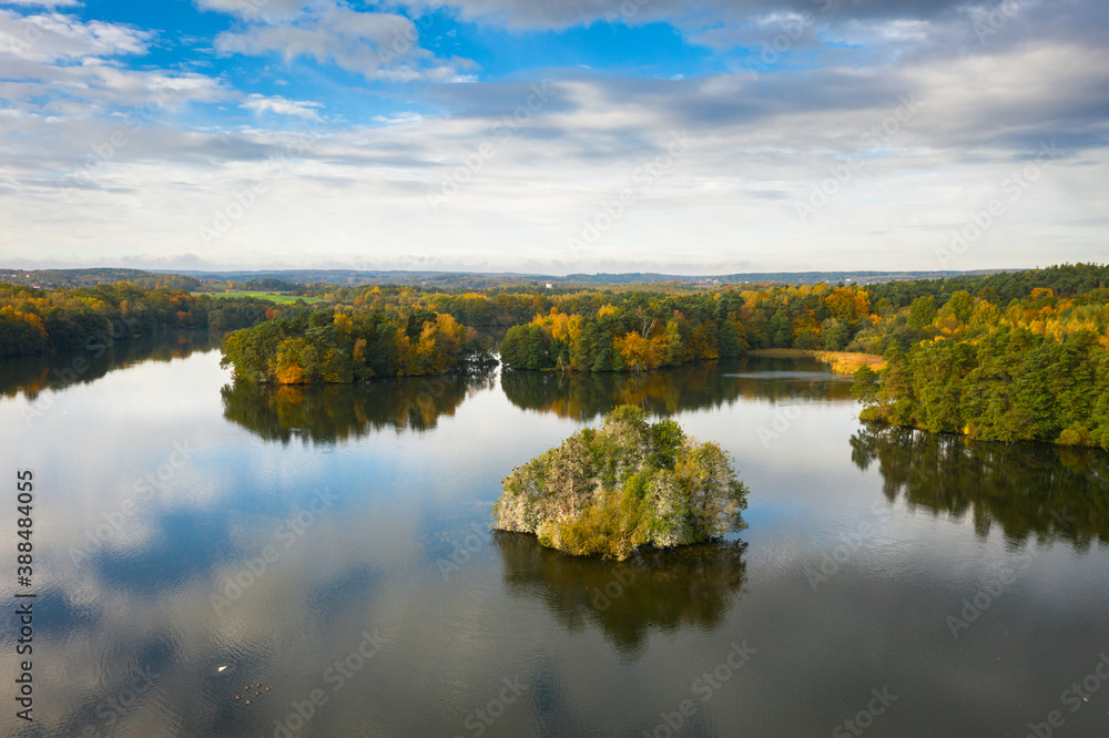 Golden autumn of Poland by the Straszyn lake from above.
