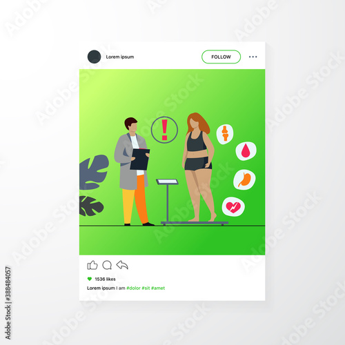 Fat patient visiting doctor. Woman suffering from overweight, obesity, heart disease, having diabetes risk. Can be used for health problem, lifestyle, medical help concept
