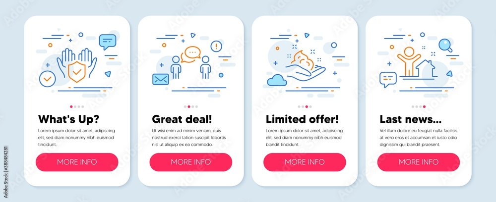 Fototapeta premium Set of People icons, such as Skin care, Insurance hand, Consulting business symbols. Mobile screen app banners. New house line icons. Hand cream, Full coverage, Team meeting. Buying home. Vector