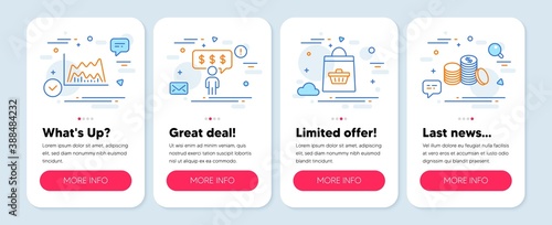 Set of Finance icons, such as Online buying, Trade chart, Employee benefits symbols. Mobile screen app banners. Banking money line icons. Shopping cart, Market data, Salary man. Cash finance. Vector