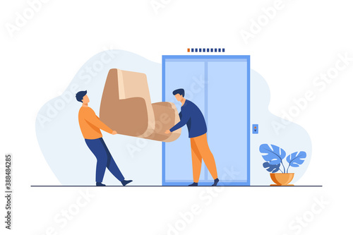 Loaders carrying furniture during moving. Two men holding armchair at elevator flat vector illustration. New home, relocation, moving service concept for banner, website design or landing web page