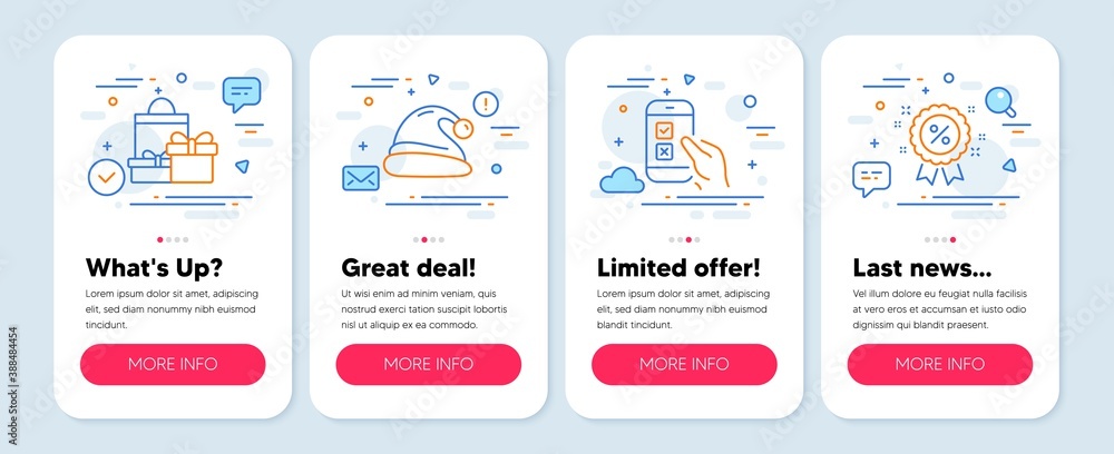 Set of line icons, such as Mobile survey, Shopping, Santa hat symbols. Mobile screen mockup banners. Discount line icons. Phone quiz test, Holiday packages, Christmas. Sale shopping. Vector