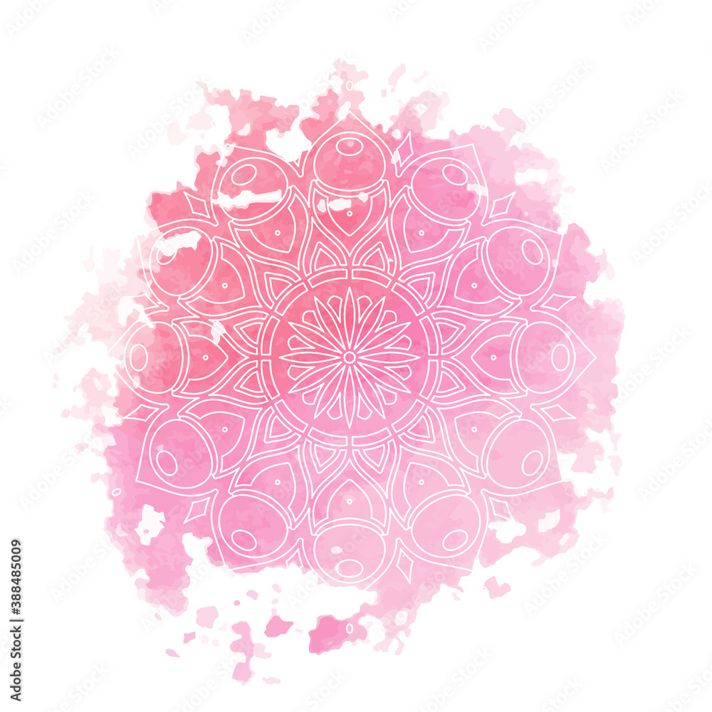 Round white mandala isolated on colorful background. Mandala on top of watercolor blotch. Beautiful pattern. Round white mandala isolated on colorful background. Mandala on top of watercolor blotch. Beautiful pattern.