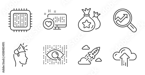Analytics, Cpu processor and Startup rocket line icons set. Artificial intelligence, Brand ambassador and Heart signs. Loyalty points, Cloud upload symbols. Quality line icons. Analytics badge. Vector